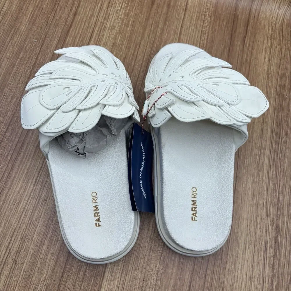 Farm Rio Monstera Off White Platform Anatomical Slides Sandals US 10/EU 42 NWT‎